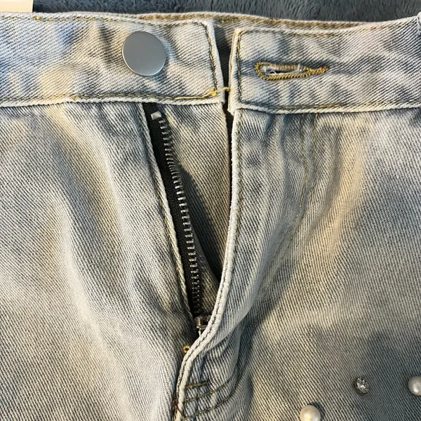 NEW Pearl Rhinestone Silver Sequin Fringe Distressed Denim Shorts SZ L - Image 3