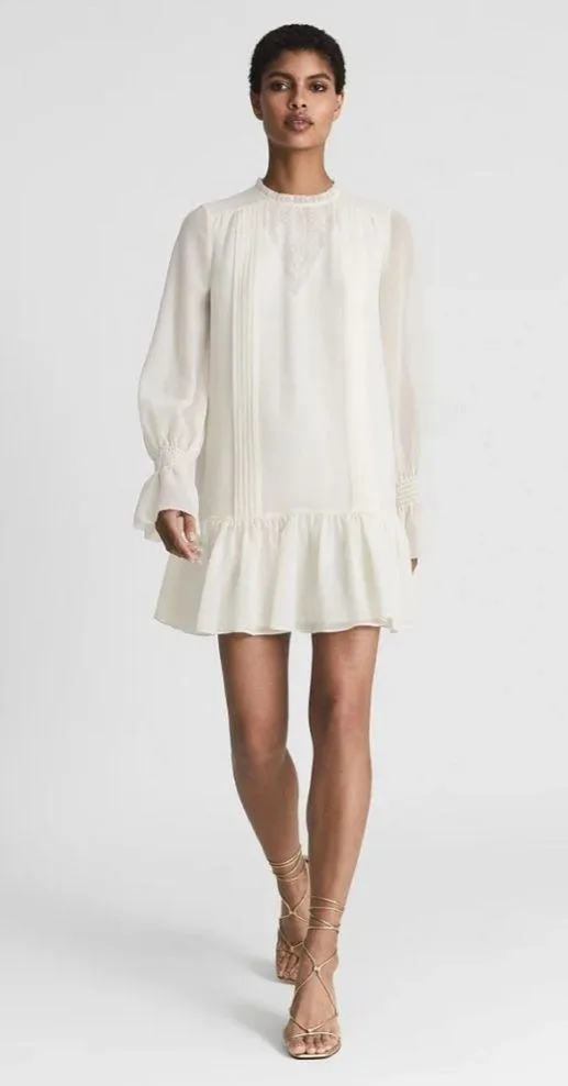 NWT Reiss Esme Shift Mini Dress Long Sleeve Ivory Size 2 Relaxed Fit Victorian - Image 4