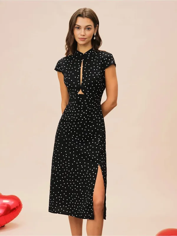 Rihoas Black Mandarin Collar Polka Dot Midi Dress - Image 4