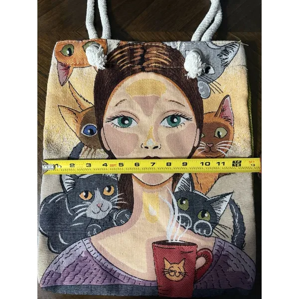 Handmade Artistic Tapestry Cat Lady Tote Bag With Rope Handles Coffee Mug Whimsical Boho - Image 2