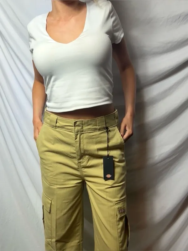 Vintage Dickies Y2K Women's Khaki Cargo Crop Wide Leg Pants - Image 2