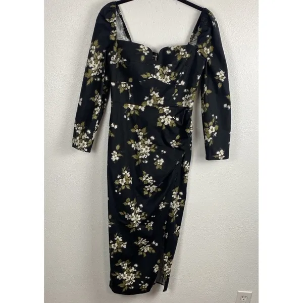 Reformation Floral Sweetheart Neck Midi Dress Long Sleeve Side Slit Size 6 - Image 3