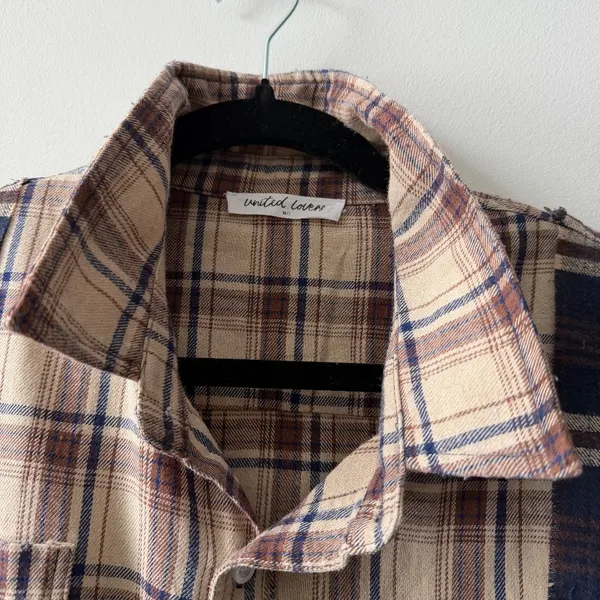 UNITED LOVERS Dove Oversized Plaid Shirt in Navy & Brown - Vintage Wash - M/L - Image 6