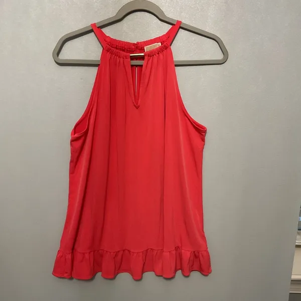 Michael Kors Womens Halter Top Coral Ruffle Hem Keyhole Neck Large - Image 2