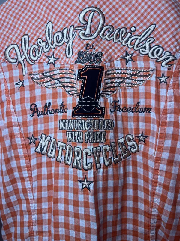 Harley Davidson Orange Gingham Snap Shirt‎ Embroidered Back Small - Image 8