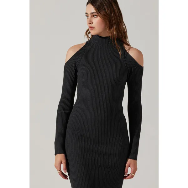 ASTR the Label Cold Shoulder Mock Neck Midi Sweater Dress in Charcoal. Size S. - Image 3