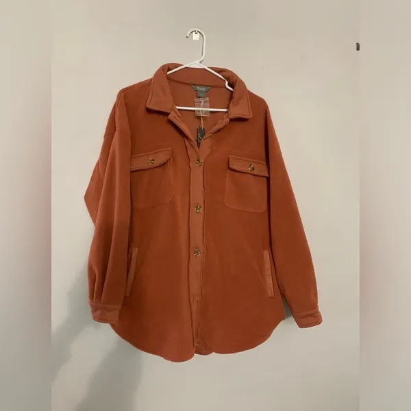 NWT Flannel Shacket Fleece Warm Soft Teddy Jacket Button Size L Orange Brown New - Image 2