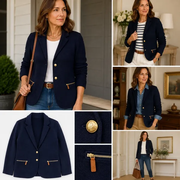 Lauren Ralph Lauren Knit Blazer XL Navy Gold Button Preppy Old Money Equestrian - Image 2