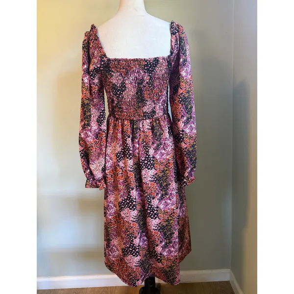 Long Sleeve Floral Midi Dress Smocked Off Shoulder m boho cotage whimsigoth retr - Image 5