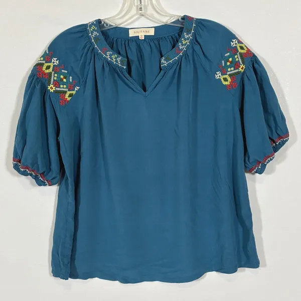 Solitaire Womens M Teal Blue Embroidered Puff Sleeve Boho Peasant Blouse - Image 6