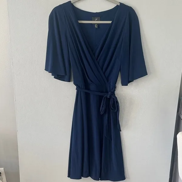 Adrianna Papell Womens Dress Navy Blue Faux Wrap Flutter Sleeve Size 0 - Image 2