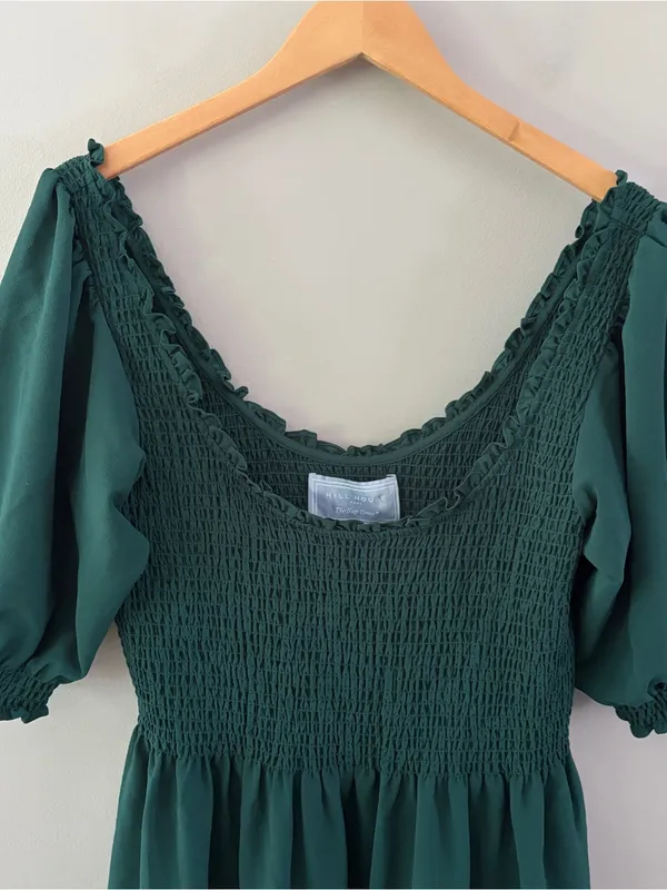 Hill House Louisa Nap Dress Emerald Green Smocked Puff Sleeve Midi Large Cottage - Image 4