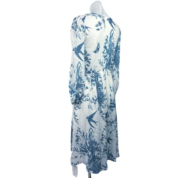 Commense Multicolor Floral Print Long Sleeve V-Neck A-Line Blue White Midi Dress - Image 2