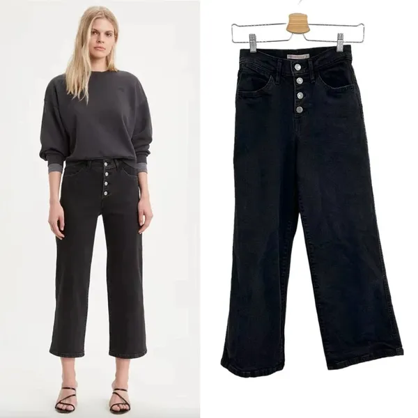 Levi's Mile High Wide Leg‎ Cropped Jeans Black Denim Size 24 - Image 2