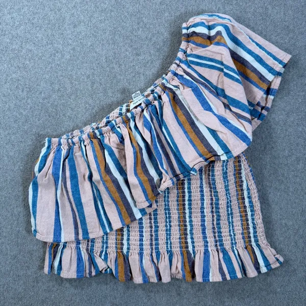 American Eagle One Shoulder Stripe Tank Top Women's XL Smocked Ruffle Hem Linen - Image 7