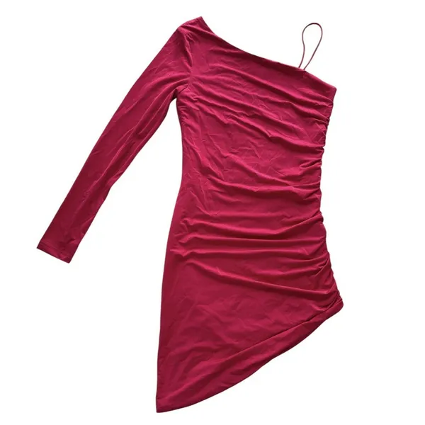 Superdown Brie One Sleeve Dress‎ Revolve Small Hot Pink Ruched Asymmetrical - Image 3