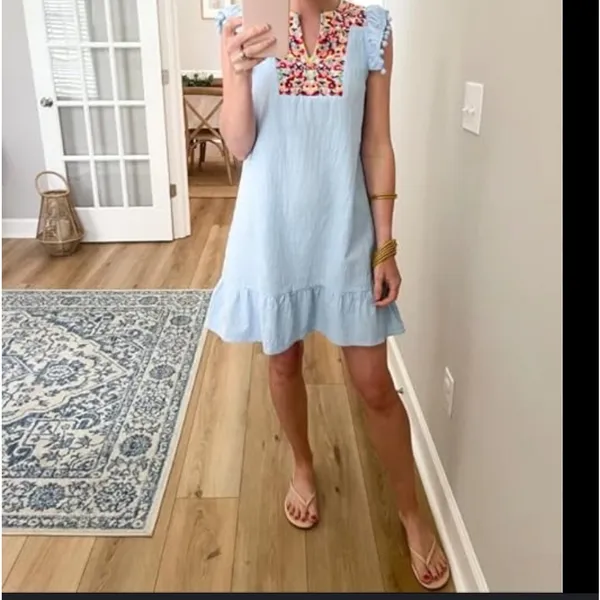 Kirundo Light Blue Embroidered Boho Flutter Sleeve Ruffle Mini Dress S - Image 5