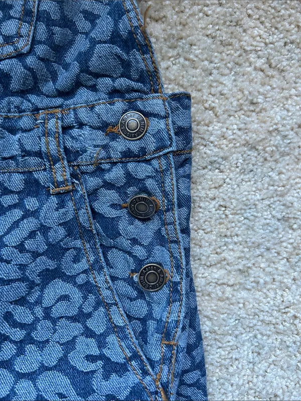 Aaron & Amber denim blue animal print wide bell leg boho overalls S - Image 6