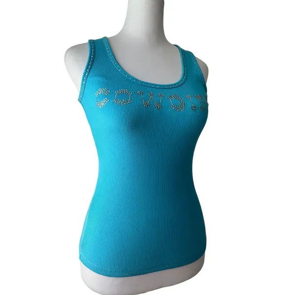 Vintage ‘00s Playgirlz Aqua Blue Rhinestone Cowgirl Stretchy Ribbed Tank Top - Image 4