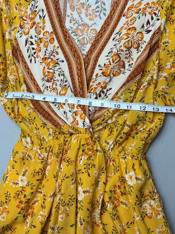 Umgee Mustard Yellow Floral Boho Faux Wrap Ruffle Dress Medium - Image 4