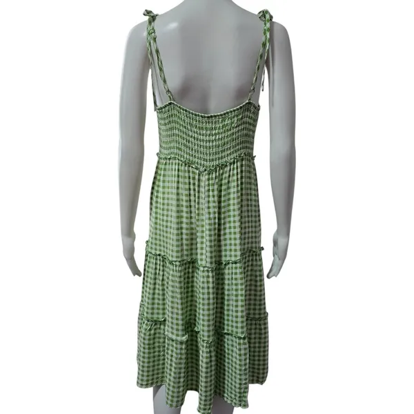 AS U Wish Gingham Smocked Tiered Midi Dress Green White Tie Shoulder Size L - Image 5