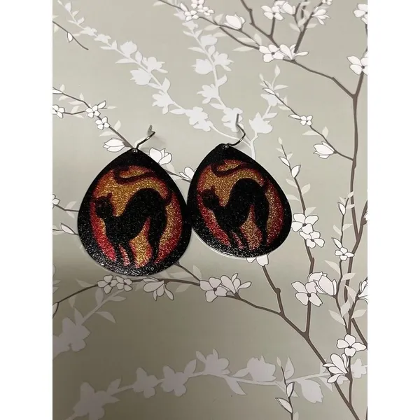 Black‎ Cat Halloween Teardrop Dangle Earrings Glitter Spooky Festive 2 Inch - Image 2