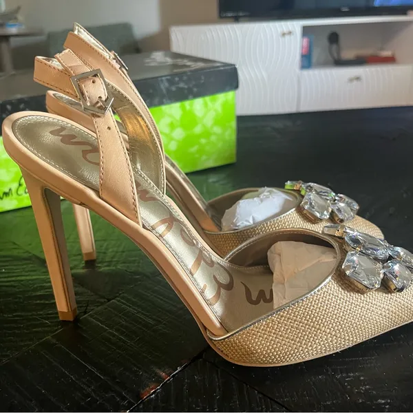 Sam Edelman straw textured jeweled slingback heels Size 8.5M NIB - Image 4