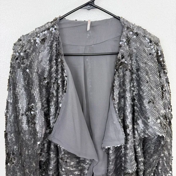 Free People Jacket Womens Large Gray Sequin Open Front Draped Long Sleeve Party - Image 2