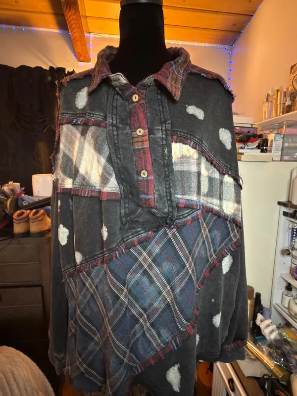 Oli & Hali Black and Burgundy Plaid Patchwork Jean Shacket - Image 5