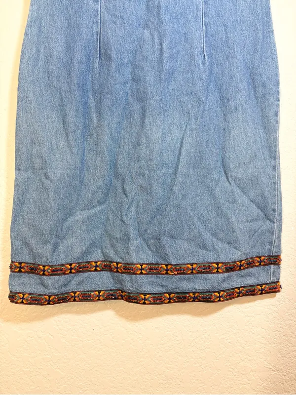 Vintage Denim Embroidered Beaded Trim Dress Size 8 - Image 5