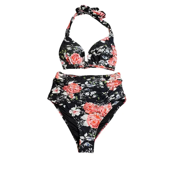 Cupshe Bikini Set Womens Medium Black Floral‎ High Waisted Halter Swimsuit NWT - Image 3