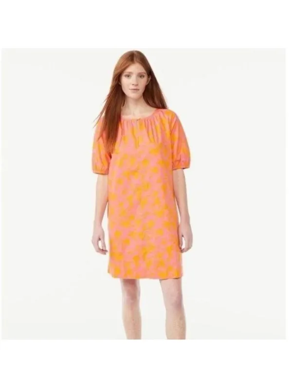 Free Assembly Pink and Orange Floral Shirred Short Sleeve Dress Pockets - Image 6