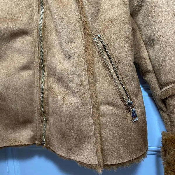 Wiya / Boutique Faux Suede Fur Full Zip Moto Jacket Camel Sz Medium - Image 8