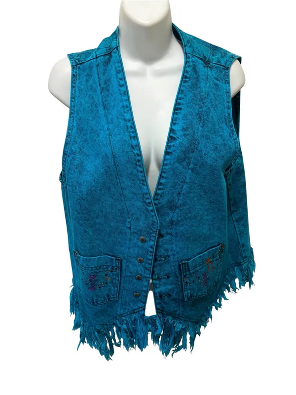 Arizona Jones Acid Denim Vest Sz XL Dyed Fringe Aztec Southwest Festival Tribal - Image 2