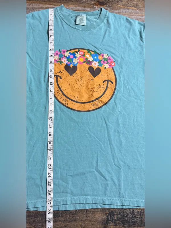 Comfort Colors Turquoise Smiley Face Tee with Floral Crown - Image 6