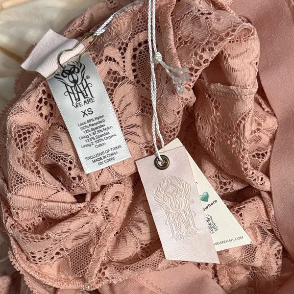 We are HAH Free People Pink Sheer Scalloped Lace Plunge Bodysuit Coquette Ballet - Image 5