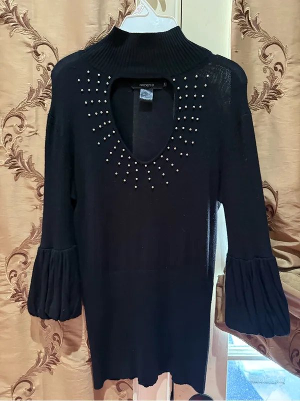 Arden B Black pearl beaded Accented Cowl Sweater - Image 2