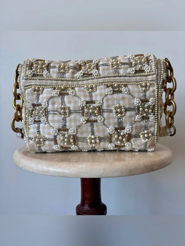 Zara Embellished beaded Cream Pearl-Trim Shoulder Bag - Image 5
