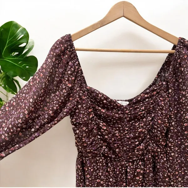 LUSH Boho Smocked Sweetheart Milkmaid Dress in Brown Berry Floral - Image 8