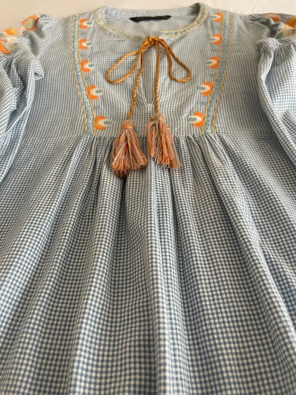 ZARA Woman Boho Embroidered Gingham Blouse - light Blue & White - Image 6