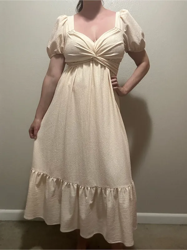 ASTR The Label Twist Bust Tie Back Puff Sleeve Midi Dress Cream Peach Medium - Image 3