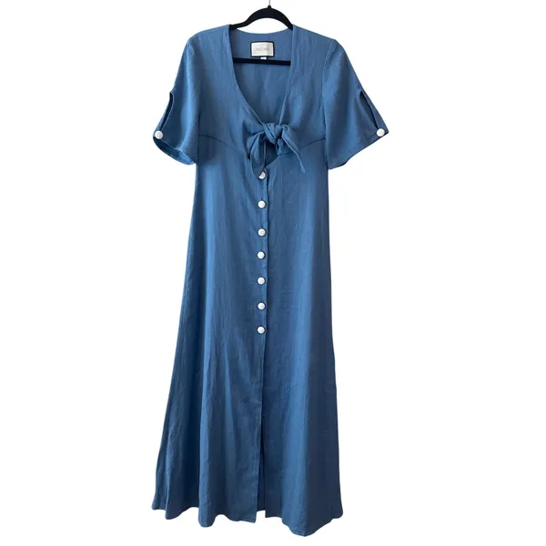 Alexis Jameela Shell Blue Linen Maxi Dress Tie‎ Front Button Size L - Image 3