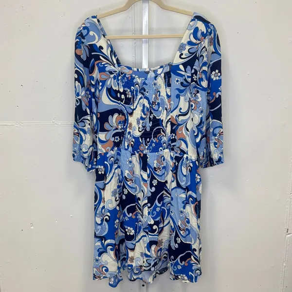 NWT F&F Blue Swirl Paisley Square Neck Smocked Mini Dress Women's‎ US 18 Floral - Image 2