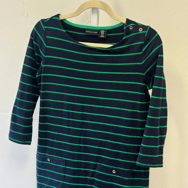 Adrienne Vittadini Navy Green Striped Shift Dress 3/4 Sleeve Pockets XS Casual - Image 3