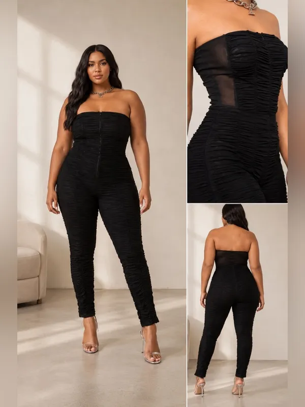 I.AM.GIA Ophelia Black Ruched Mesh Stretch Slim Glam Clubwear Strapless Jumpsuit - Image 2