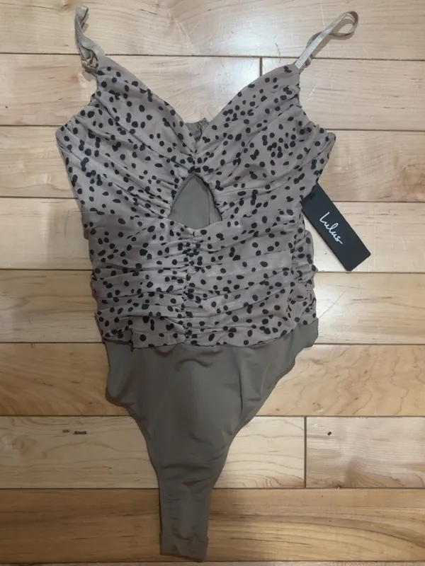 Lulu’S Mesh To Impress Brown Dot Print Ruched Cutout Bodysuit - Image 2