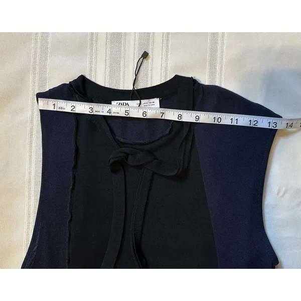 Zara Knit Asymmetrical Combination Color Block Midi Dress Black/Navy Blue Sz S - Image 8