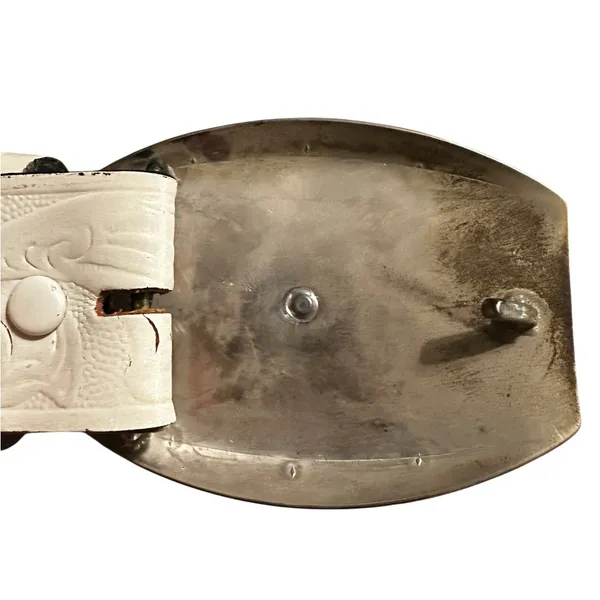 Genuine Leather White Embossed Belt Sz 26 Cowboy Bucking Bronco Buckle Vintage - Image 11
