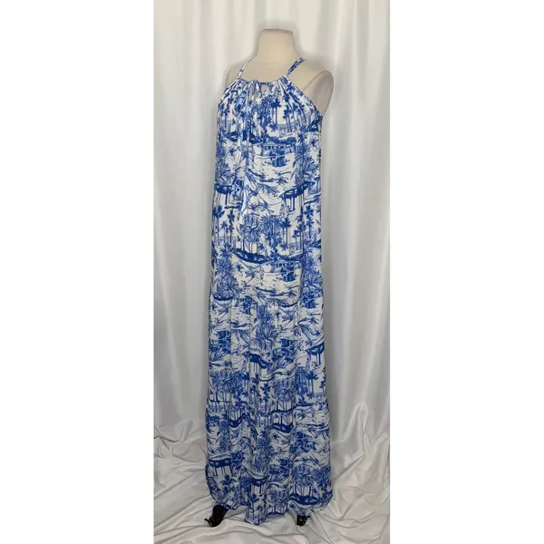 By ANTHROPOLOGIE Jasmine Tiered Cover-Up Dress Maxi Tropical Toile Blue Medium‎ - Image 5
