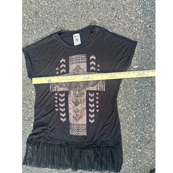 Y2K Vocal Womens XL Black Rhinestone Cross Eagle Fringe Hem T-Shirt Western Boho - Image 5